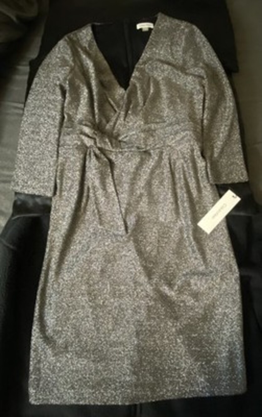 24 -Calvin Klein Silver Glitter Knit V Neck Sheath Dress Size 14